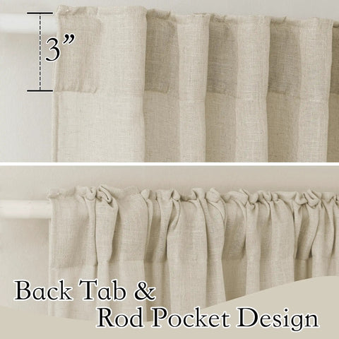 Semi Sheer Linen Textured Curtains 52x84 Inches, 2 Panel Set, light glaze filtering beige drapes showing rod pocket and back tabs