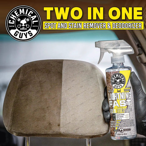 Lightning Fast Carpet And Upholstery Stain Extractor 16 Oz Heavy Duty Spot Killer Odor Wipeout on car seat headrest.