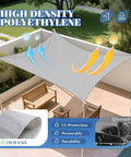 12x14 HDPE Sun Shade Sail Rectangle installed over patio, UV resistant, breathable gray cover, blocks 95% sun rays