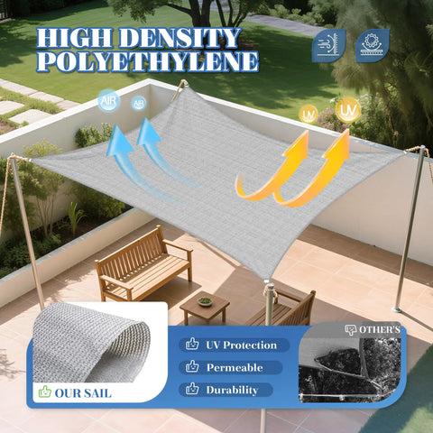 12x14 HDPE Sun Shade Sail Rectangle installed over patio, UV resistant, breathable gray cover, blocks 95% sun rays