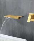 Wall mount waterfall bathroom sink faucet in gold brass with wide spout wall mounted bathroom faucet featuring upgrade rough in valve body