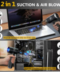 Cordless Mini Car Vacuum Handheld Cleaning Kit With Brushless Motor Type C blowing air on laptop and computer case
