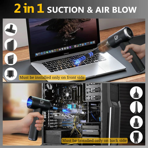 Cordless Mini Car Vacuum Handheld Cleaning Kit With Brushless Motor Type C blowing air on laptop and computer case