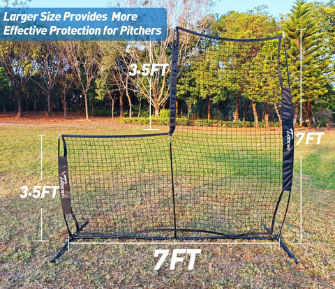 Baseball And Softball Pitching Screen L Screen 7x7 Ft With Beefed Up Frame Heavy Duty Pitcher Protection Net in field setting