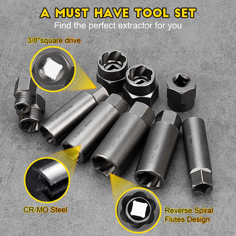 Deep Bolt Extractor Set 28 Piece Kit With Three Eighths Inch Drive For Stripped Broken And Rounded Bolts Lug Nut Removal Spark Plug Extractor Socket Set Beast Pro Grade For Auto And Home Projects, featuring chrome-molybdenum steel and reverse spiral flutes design.