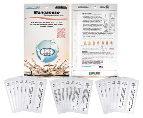 Fast Manganese Water Test Strips Kit 12 Tests For Groundwater Analysis with color chart and individual pouches.