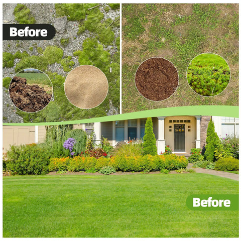Comparison of lawn before using Lawn Leveling Rake 30x10 Built Tough With Anti Flip Design, visible soil and grass patches