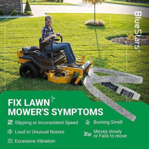 Aramid Cord Heavy-Duty Drive Belt For Hustler Raptor SD Zero-Turn Mowers next to a person mowing lawn