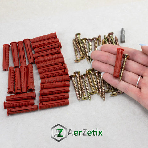 25 Dowel Fixing Kit With Nylon Collars Diameter 8x40 mm, 25 Yellow Wood Screws Diameter 5x40 mm, And PZ2 Quarter Inch Bit displayed