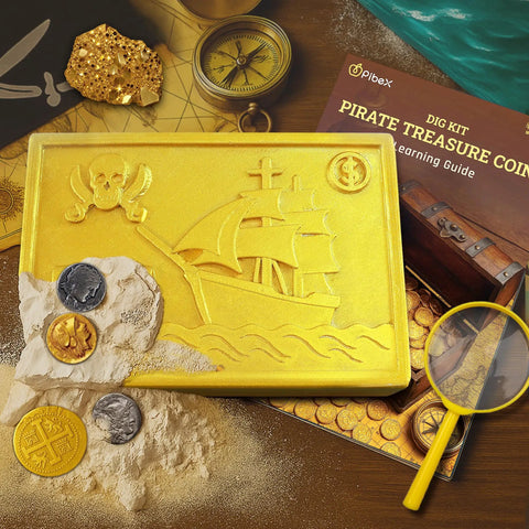Pirate Treasure Dig Kit for Kids 6 and Up, Uncover 16 Plus Realistic Ancient Coin Replicas, Fool's Gold and Pirate Charms, STEM Archaeology Craft for Necklace Making, Coin Collecting Gift for Curious Explorers, with coin mold and digging tools