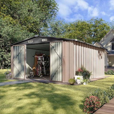 10x12 Foot Outdoor Metal Storage Shed With Double Hinged Door And Lockable Access Sloped Roof Weatherproof Backyard Garden