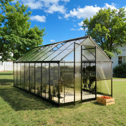 8x16 Ft Aluminum Walk-In Greenhouse With Polycarbonate Panels, No-Fuss Quick-Setup System and Roof Vent in a garden