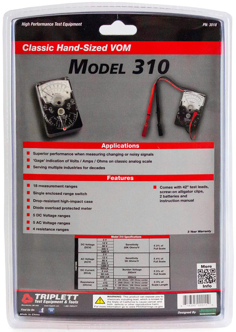 Packaging of Compact Handheld Analog Multimeter for AC/DC Voltage up to 1200V, DC Current up to 0.6A, Resistance up to 20 Megohms