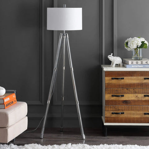 60 Inch Chrome Arliss Tripod LED Floor Lamp With Crystal Accents Modern Glam Standing Light in living room setup