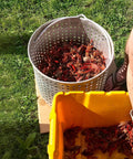 Close-up of basket of cooked crawfish next to a yellow container on grass, part of the 80 Quart Seafood Boiling Kit With Strainer And Basket Outdoor Boil Pot 100000 BTU Propane Burner 10 PSI Regulator Heavy Duty Tailgate Ready Seafood Boiler For Big Boils Black And Silver.