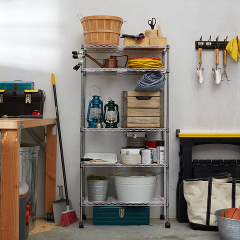 Heavy Duty Five Shelf Chrome Wire Storage Cart With Dual Swivel Casters For Garage Or Office Zero Drama Setup Fully Adjustable Heights Organizes Your Whole Gear Collection Like A Boss