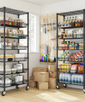 Ultra Sturdy 7 Tier Wire Shelving Unit With Basket Shelf And Wheels For Pantry Kitchen Or Office Storage Adjustable Shelves Waterproof And Rust Proof Metal Four Side Hooks For Ladles Towels And More 72 Inch Tall, filled with pantry items