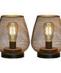 Set Of 2 Metal Cage LED Lanterns Battery Powered Cordless Accent Lights For Indoors Outdoors with warm white glow, black base