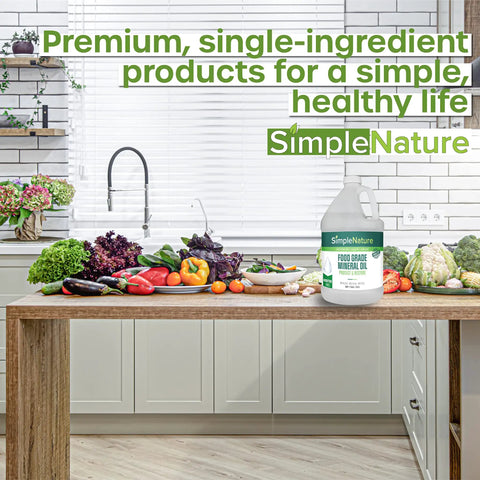 All American Food Grade Mineral Oil For Wood Care Keeps Your Cutting Boards Butcher Block Counters And Stainless Steel Smooth Protected And Ready For Action Odorless Tasteless Colorless 1 Gallon bottle on kitchen counter with vegetables