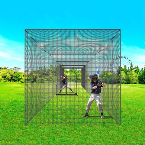Outdoor setup of 55 Foot Baseball Batting Cage Net For Baseball And Softball Training with hitter practicing inside