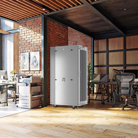 Heavy Duty 42U Server Cabinet With Smooth Rolling Casters Locking Door in modern office setting, size 24x35x84 inches.