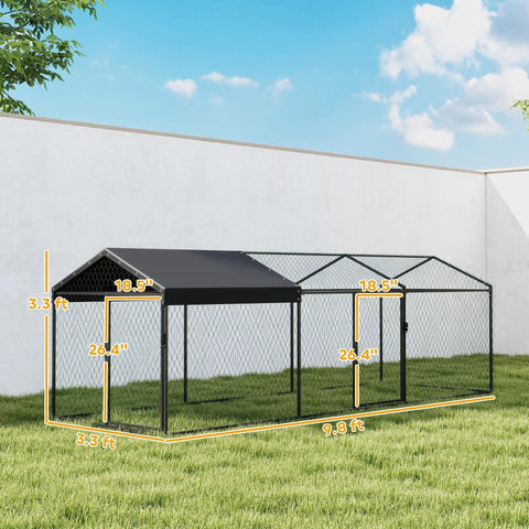 Large Outdoor Metal Chicken Coop Run With Weatherproof Anti UV Cover 10 Ft Long By 3.3 Ft Wide By 3.3 Ft High in backyard