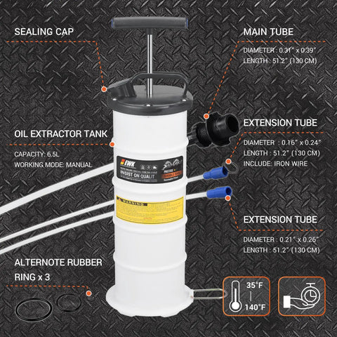 Ditch The Grease Monkey Grind With This 6.5L Manual Oil Extractor Pump Fluid Evacuator showing capacity, main and extension tubes.