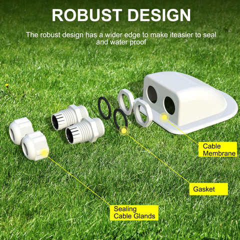 Weatherproof Double Cable Entry Gland For RV Roof Solar Junction Box components on grass, showing UV resistant ABS housing.