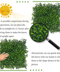 12 Pack 10x10 Inch Faux Boxwood Wall Panels For Indoor Outdoor Privacy Fencing Ivy Backdrop Garden Decor UV Resistant Four Layer Leaves Two Inch Height Covers About Eight Point Four Sq Ft with magnifying glass highlighting leaves