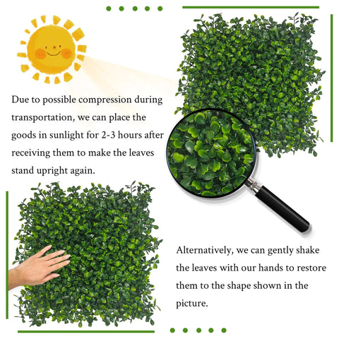 12 Pack 10x10 Inch Faux Boxwood Wall Panels For Indoor Outdoor Privacy Fencing Ivy Backdrop Garden Decor UV Resistant Four Layer Leaves Two Inch Height Covers About Eight Point Four Sq Ft with magnifying glass highlighting leaves