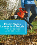 Person using Powerful Corded Electric Leaf Blower for Quick Yard Cleanup, handheld and lightweight, blowing leaves on lawn