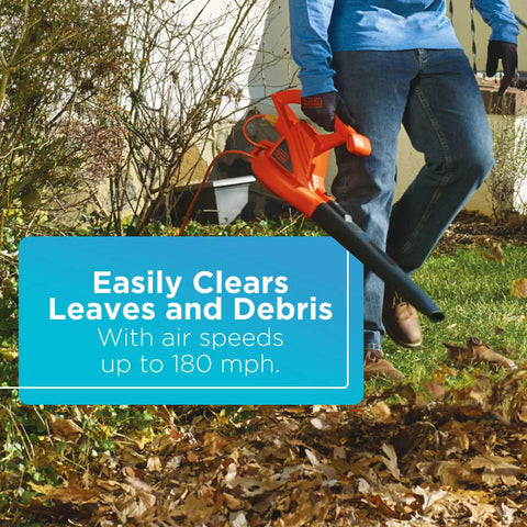 Person using Powerful Corded Electric Leaf Blower for Quick Yard Cleanup, handheld and lightweight, blowing leaves on lawn