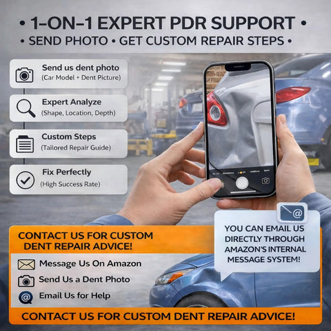 Phone displaying car dent photo for Pro DIY PDR Dent Repair Kit With 148 Pieces Dent Puller And LED Light Board Car Dent Repair Tools