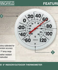 Wireless Indoor Outdoor Dial Thermometer With An 8 Inch Display For Patio Pool And Indoor Use Weather Resistant White Shows Easy To Read Large Numbers From Minus 60 To 120 Degrees Fahrenheit. White 8-inch Springfield wall thermometer with large dial and red needle.