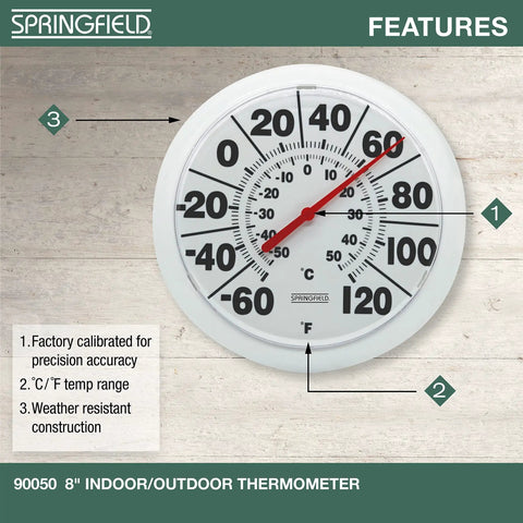 Wireless Indoor Outdoor Dial Thermometer With An 8 Inch Display For Patio Pool And Indoor Use Weather Resistant White Shows Easy To Read Large Numbers From Minus 60 To 120 Degrees Fahrenheit. White 8-inch Springfield wall thermometer with large dial and red needle.