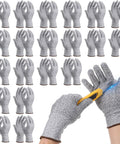 20 Pairs Cut Resistant Gloves Level 5 Protection For Kitchen Shucking Fish Meat And Wood Carving With No Slip Grip Comfortable Fit Anti Cut Pro Gloves For DIY Crafts And Heavy Duty Cooking displayed with a cutting demonstration.
