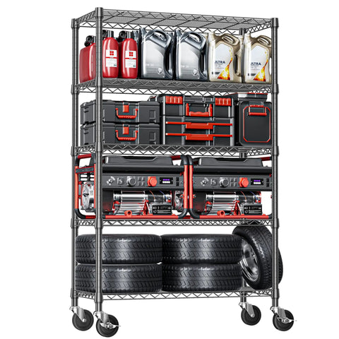 Heavy Duty 5 Tier Steel Wire Shelving Unit On Casters For Garage Kitchen Office Laundry Basement, Adjustable Shelves, Industrial Storage Rack Organizer, Carbon Steel Construction, 1750 Lbs Capacity with stored items