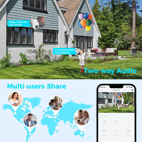 Solar Powered Outdoor Security Camera 2K with 360 Degree Pan Tilt installed on a house showing two-way audio and mobile app interface.