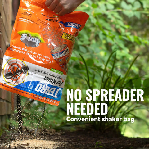 Ant Killer Plus Multi Purpose Insect Control For Outdoors Kills Fire Ants Fleas Cockroaches And Other Crawling Insects 3 Lb Shaker Bag Fast Acting Within 24 Hours being applied by hand in a garden setting.