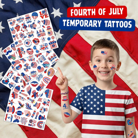 Child showcasing Lit Glow In The Dark 105 Piece Patriotic Temporary Tattoos Set For Independence Day Featuring American Flag Stars And Eagles