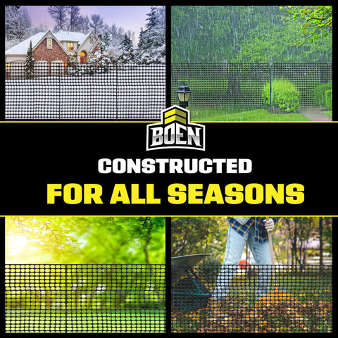 4 Foot By 100 Foot Black Temporary Fencing Mesh Snow Fence Made From Durable Plastic Safe Garden Netting Above Ground Barrier shown in all seasons