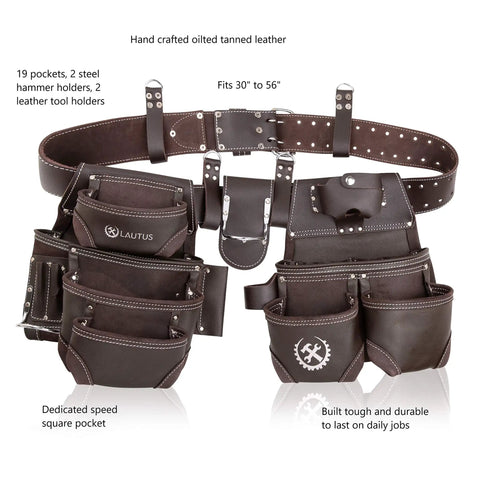 Oiled Tanned Rig Tool Belt Pouch Bag For Carpenters And Pros Heavy Duty Construction Belt with multiple pockets and loops.