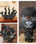Pirate Ship Building Set With Lights 2288 Piece Three Masted Model That Works With Lego black ABS plastic ship model on display table