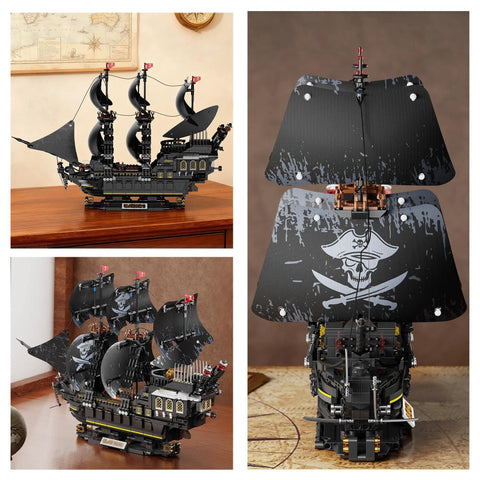 Pirate Ship Building Set With Lights 2288 Piece Three Masted Model That Works With Lego black ABS plastic ship model on display table