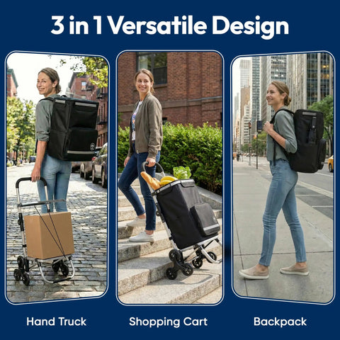 Woman using Foldable Stair Climbing Shopping Cart With Wheels For Groceries And Laundry in 3 in 1 versatile design