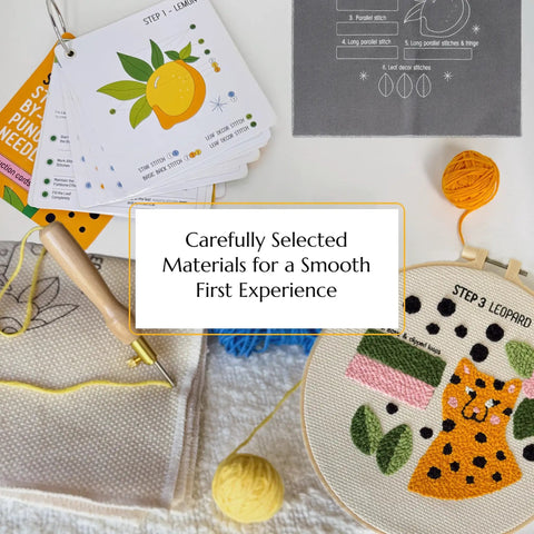 Beginner Punch Needle Kit With 14 Stitches Learn And Create A Simple DIY Embroidery Project For Adults Includes Hoop Monks Cloth Yarn Needle Practice Cards And Video Tutorial For Quick Fun Craft, showing embroidery hoop, yarn, and cards.