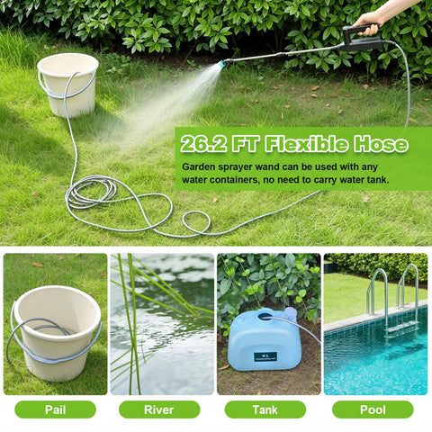 Cordless Garden Sprayer Wand With Telescopic 32 Inch Reach, Three Adjustable Speeds, Battery Indicator, 26.2 Ft Hose in use