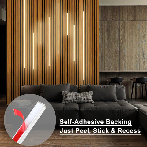 8 Pack Recessed Linear LED Strip Light Kit 200 Inches Total Length 3000K Warm White With Touch Control installed on slat wall.