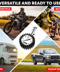 Analog tire pressure gauge by TireTek; black ribbed housing with silver nozzle, centered on a vehicle collage