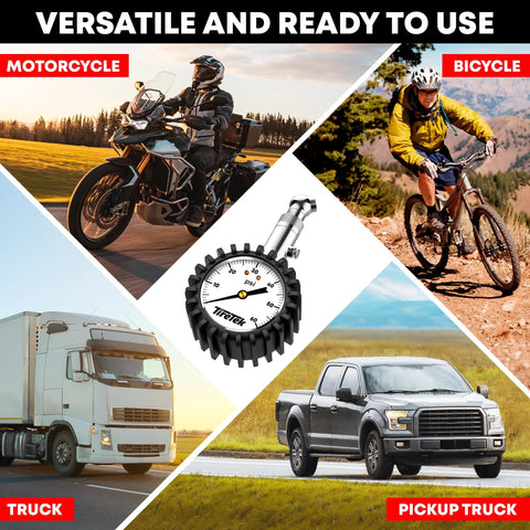 Analog tire pressure gauge by TireTek; black ribbed housing with silver nozzle, centered on a vehicle collage